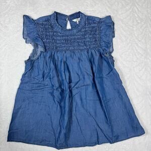 Crown & Ivy Blue Smocked Chambray Blouse Women's Medium Ruffle Sleeve